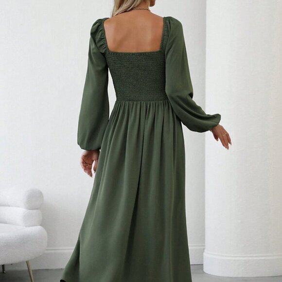 Green Elegant Women's Casual Square Neck Pleated Lantern Sleeve Dress - Picture 2 of 7
